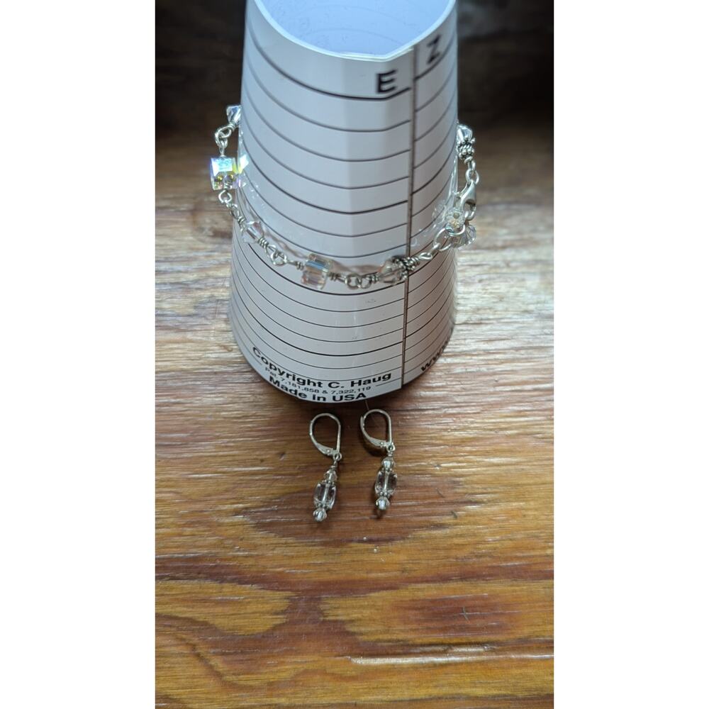 925 Sterling Silver Swarovski AB Crystal Bracelet Lever Back Earring Set USA